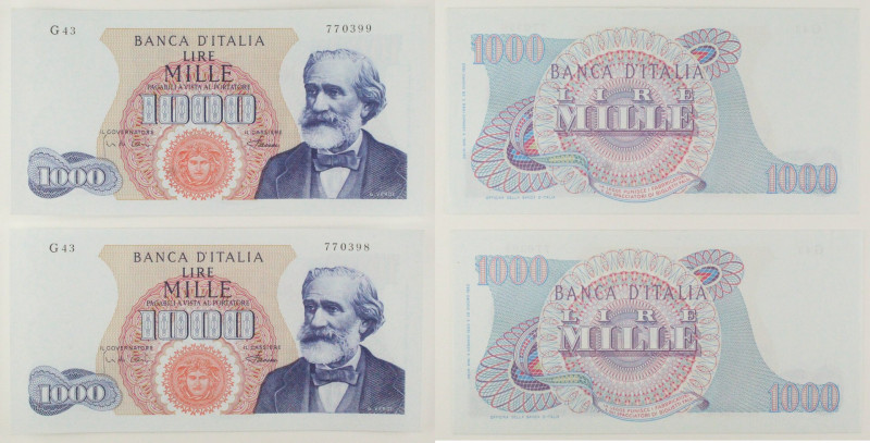 Repubblica Italiana - Lotto di 2 banconote consecutive 1000 Lire "Giuseppe Verdi...