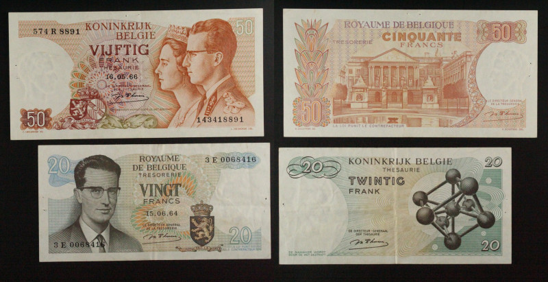 Belgio - Lotto di 2 banconote: 50 Franchi 1966 P#139 - 20 Franchi 1964 P#138 - f...