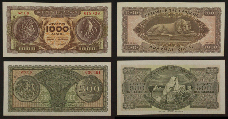 Grecia - Lotto di 2 banconote: 1000 Drachmai ND (1950-1953) P#326 - 500 Drachmai...