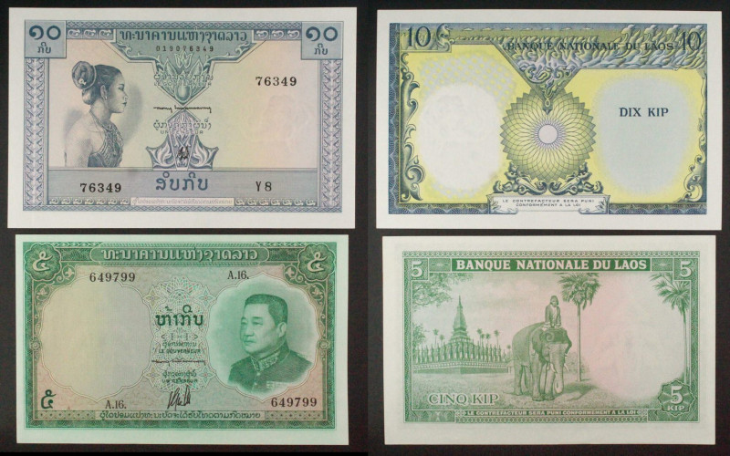 Laos - Lotto di 2 banconote: 5 Kip ND (1962-1976) P#9 - 10 Kip ND (1962-1975) P#...