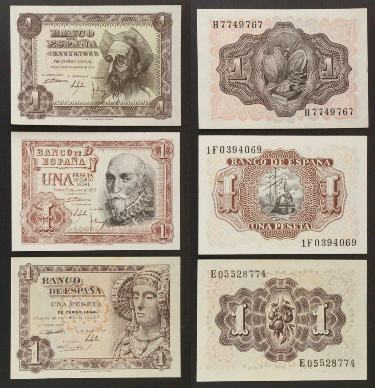 Spagna - Lotto di 3 banconote da 1 Peseta: anno 1951 (P#139); anno 1953 (P#144);...