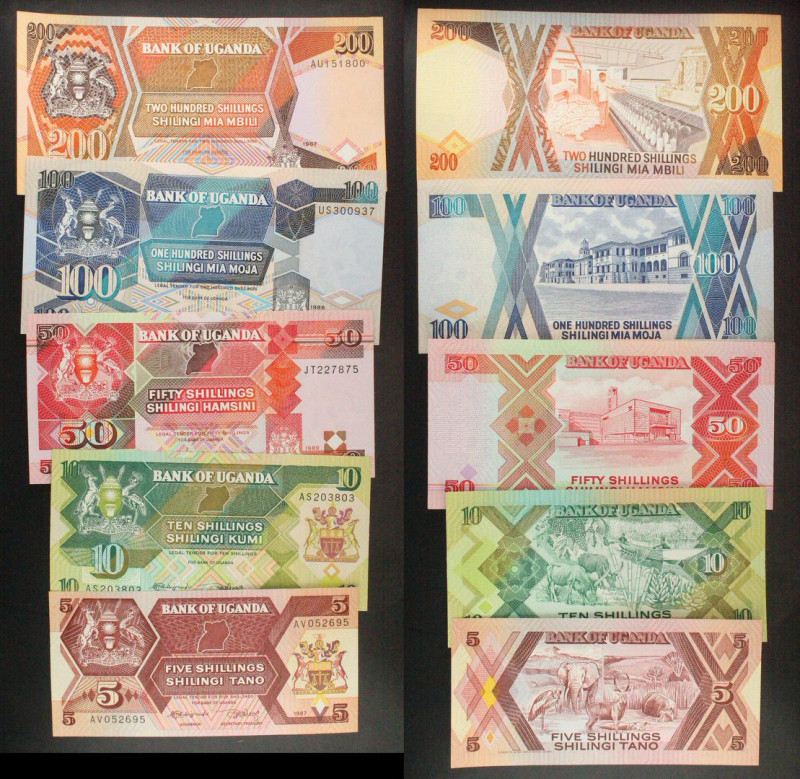 Uganda - Lotto di 5 banconote da 200, 100, 50, 10, 5 Scellini 1987-1989

AU-UN...