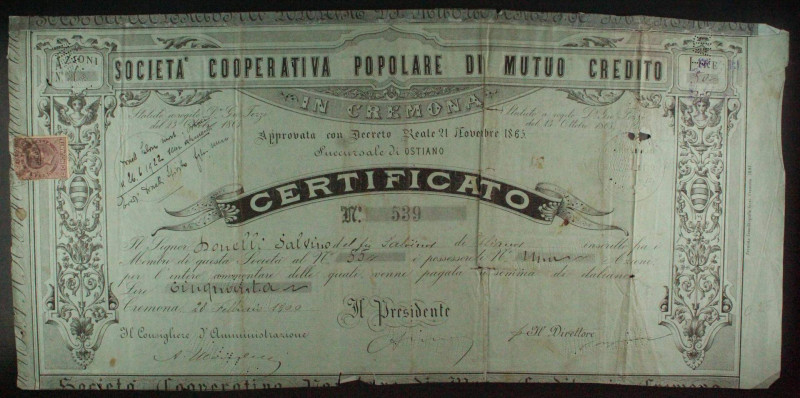 SOCIETA' COOPERATIVA POPOLARE di Mutuo Credito, certificato di 1 azione, Cremona...