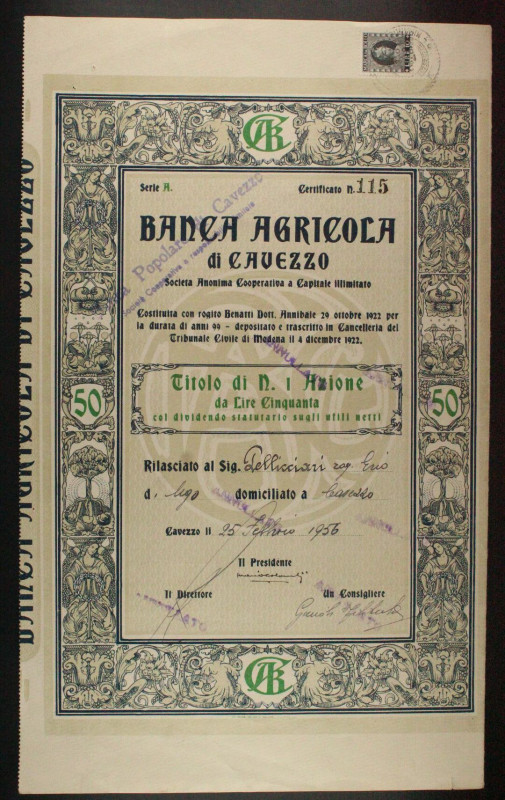 BANCA AGRICOLA di CAVEZZO, titolo per 1 azione Cavezzo 1956

SPEDIZIONE SOLO I...