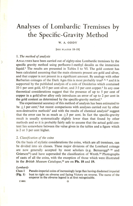 ODDY W. A. - analyses of Lombardic Tremisses by the specific-gravity method. Lon...