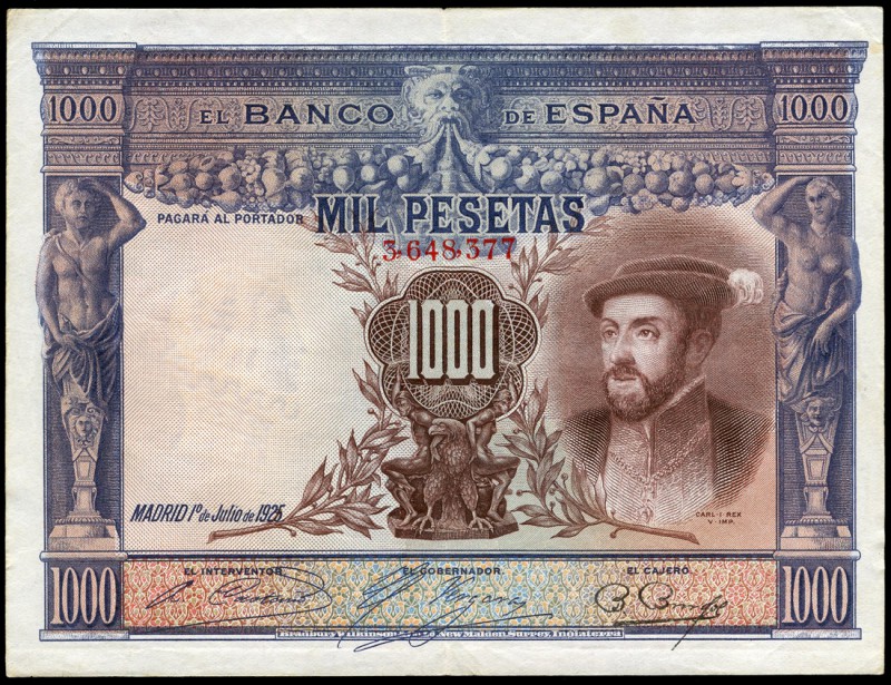 1000 pesetas. 1925. Madrid. (Ed 2017-351). 1 de julio, Carlos I. Sin serie. Dobl...