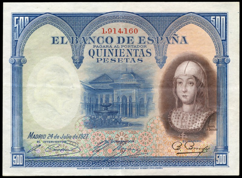 500 pesetas. 1927. (Ed 2017-352). 24 de julio, Isabel la Católica. Sin serie. Do...