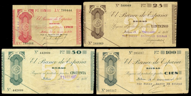 1936. Serie de 4 billetes emitidos por el Banco de España, 5, 25, 50 y 100 peset...