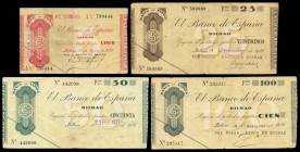 1936. Serie de 4 billetes emitidos por el Banco de España, 5, 25, 50 y 100 pesetas. Todos ellos con antefirma del Banco de Bilbao a excepción de 50 pe...