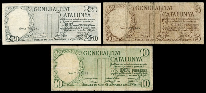 1936. Serie de 3 valores Generalitat de Catalunya, 2,50, 5 y 10 pesetas. Diferen...