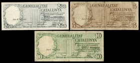 1936. Serie de 3 valores Generalitat de Catalunya, 2,50, 5 y 10 pesetas. Diferentes series. A EXAMINAR. BC+/MBC. Est...40,00.