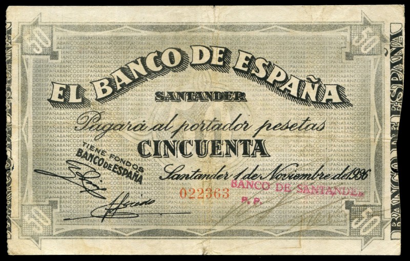 50 pesetas. 1936. Santander. (Ed 2017-378g). 1 de noviembre, Banco de Santander....