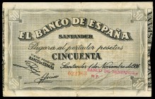 50 pesetas. 1936. Santander. (Ed 2017-378g). 1 de noviembre, Banco de Santander. Dobleces. BC+. Est...60,00.