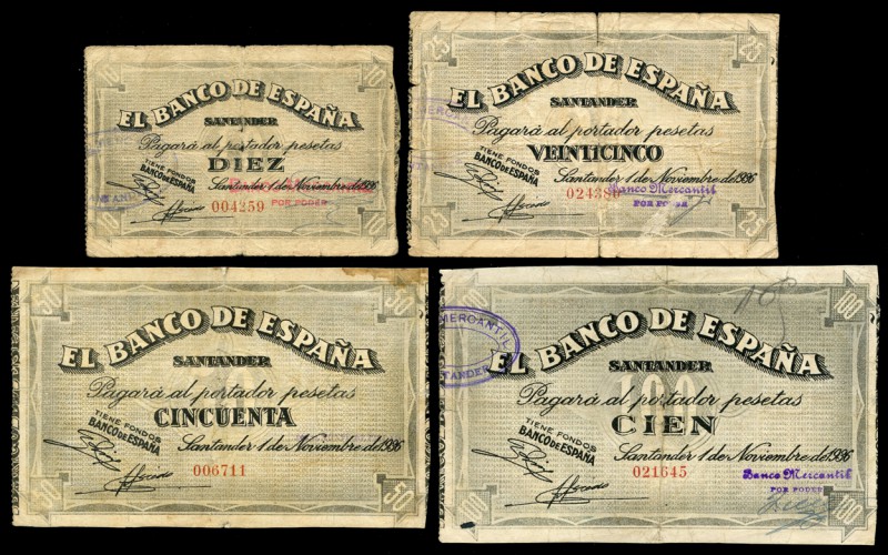 1936. Santander. Serie completa, a excepción de 5 pesetas, de billetes emitidos ...
