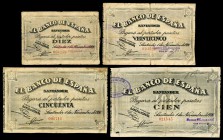 1936. Santander. Serie completa, a excepción de 5 pesetas, de billetes emitidos por el Banco de España en Santander, 10, 25, 50 y 100 pesetas. Con ant...