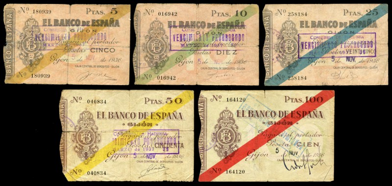 1936. 5 de noviembre, serie completa de cinco valores 5, 10, 25, 50 y 100 peseta...