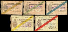 1936. 5 de noviembre, serie completa de cinco valores 5, 10, 25, 50 y 100 pesetas. BC+/MBC-. Est...80,00.