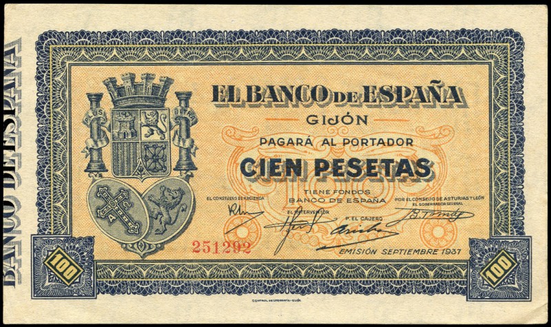 100 pesetas. 1937. Gijón. (Ed 2017-399). Septiembre, escudo de España, Asturias ...