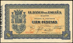 100 pesetas. 1937. Gijón. (Ed 2017-399). Septiembre, escudo de España, Asturias y León. Numerado. Dobleces en esquinas. EBC. Est...18,00.