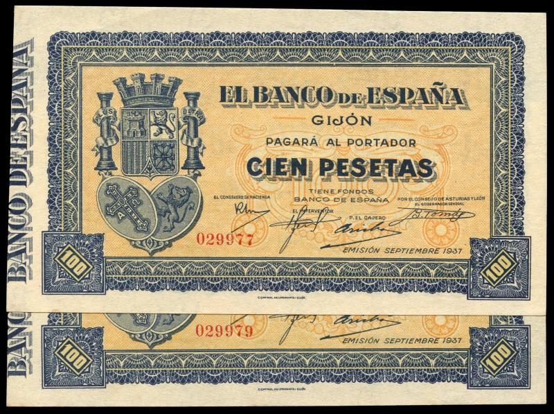 100 pesetas. 1937. Gijón. (Ed 2017-399). Septiembre, escudos de España, Asturias...