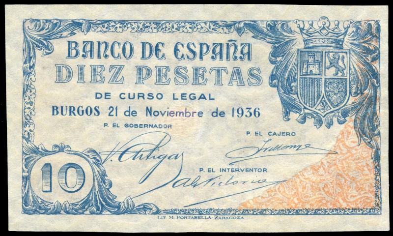 10 pesetas. 1936. Burgos. (Ed 2017-418). 21 de noviembre. Portabella. Reparado, ...