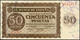 50 pesetas. 1936. Burgos. (Ed 2017-420a). 21 de noviembre, por Giesecke y Devrient. Serie O. Leve doblez. EBC. Est...90,00.