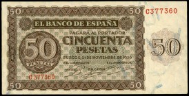 50 pesetas. 1936. Burgos. (Ed 2017-420a). 21 de noviembre, por Giesecke y Devrient. Serie C. Dobleces. EBC-. Est...80,00.