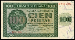 100 pesetas. 1936. Burgos. (Ed 2017-421a). 21 de noviembre, Catedral de Burgos. Serie B. Doblez central. EBC+. Est...60,00.