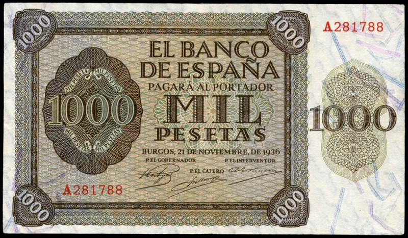 1000 pesetas. 1936. Burgos. (Ed 2017-423). 21 de Noviembre, Alcázar de Toledo. S...