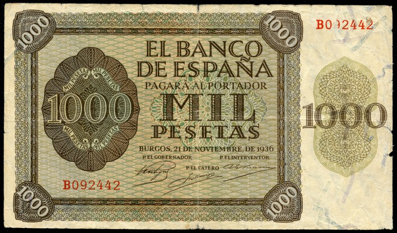 1000 pesetas. 1936. Burgos. (Ed 2017-423a). 21 de noviembre, Alcázar de Toledo. ...