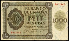 1000 pesetas. 1936. Burgos. (Ed 2017-423a). 21 de noviembre, Alcázar de Toledo. Serie B. Dobleces y roturas. BC+. Est...110,00.