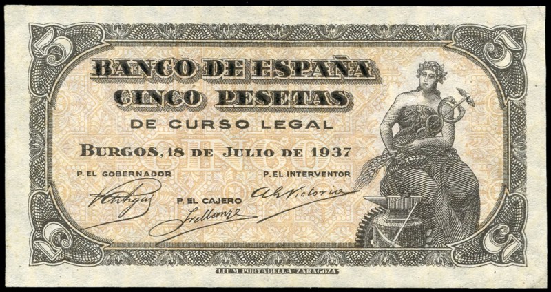 5 pesetas. 1937. Burgos. (Ed 2017-424). 18 de julio, alegoría del Comercio, la I...
