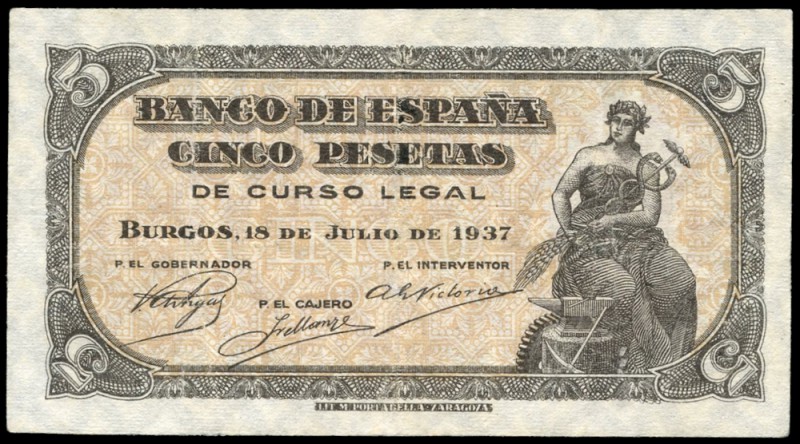 5 pesetas. 1937. Burgos. (Ed 2017-424a). 18 de julio, alegoría del Comercio. Ser...