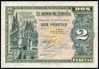 2 pesetas. 1937. Burgos. (Ed 2017-426). 12 de Octubre, Arco de Santa María y catedral. Serie A. Leve doblez central. Raro. EBC+. Est...250,00.