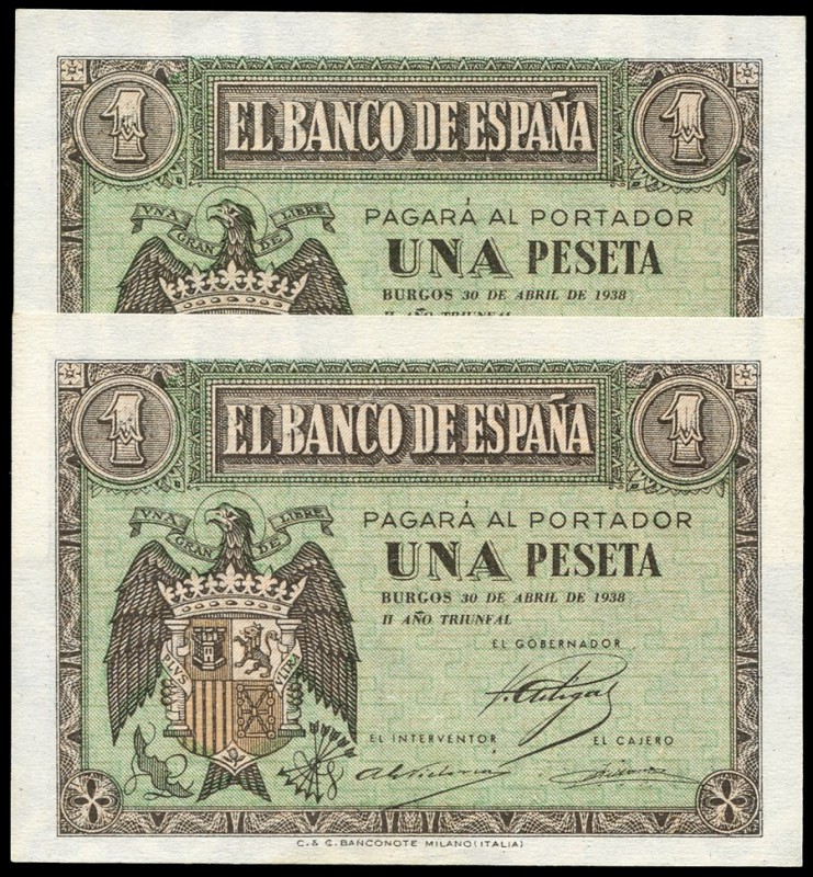 1 peseta. 1938. Burgos. (Ed 2017-428a). 30 de abril, Escudo de España. Serie L. ...
