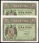 1 peseta. 1938. Burgos. (Ed 2017-428a). 30 de abril, Escudo de España. Serie L. Pareja correlativa. SC. Est...60,00.