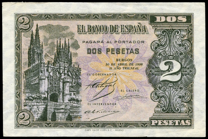 2 pesetas. 1938. Burgos. (Ed 2017-429a). 30 de abril, Arco de Santa María y cate...