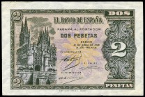 2 pesetas. 1938. Burgos. (Ed 2017-429a). 30 de abril, Arco de Santa María y catedral. Serie F. Dos esquinas con doblez. EBC. Est...30,00.