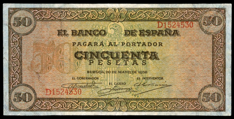 50 pesetas. 1938. Burgos. (Ed 2017-431a). 20 de mayo, por Gieseche y Devrient. S...