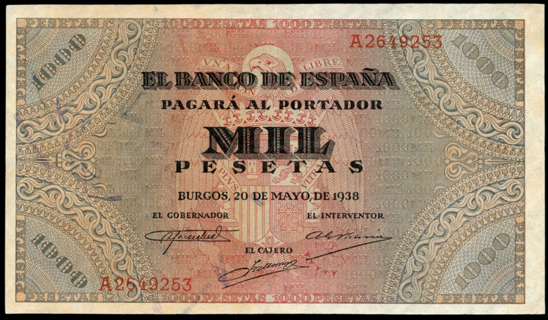 1000 pesetas. 1938. Burgos. (Ed 2017-434). 20 de mayo, cuadro "Defensa del púlpi...