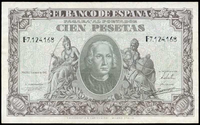 100 pesetas. 1940. Madrid. (Ed 2017-438a). 9 de enero, Cristobal Colón y figuras...