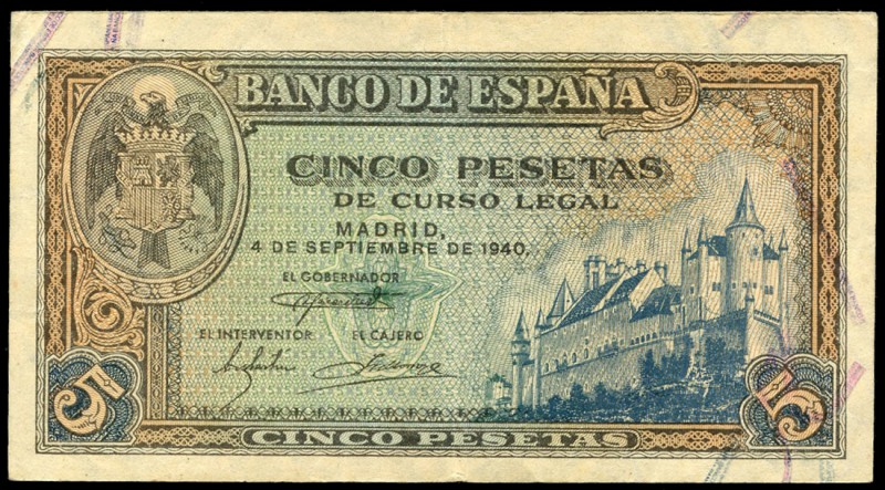 5 pesetas. 1940. Madrid. (Ed 2017-443a). 4 de septiembre, Alcázar de Segovia. Se...