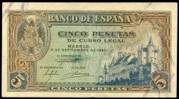 5 pesetas. 1940. Madrid. (Ed 2017-443a). 4 de septiembre, Alcázar de Segovia. Serie L. MBC+. Est...35,00.
