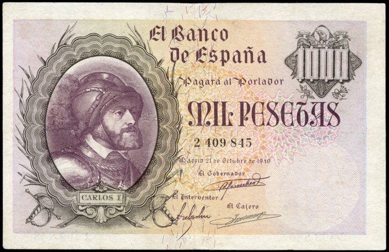 1000 pesetas. 1940. Madrid. (Ed 2017-445). 21 de octubre, Carlos I de España. Si...