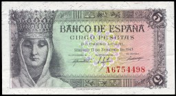 5 pesetas. 1943. Madrid. (Ed 2017-446a). 13 de febrero, Isabel la Católica. Serie A. SC-. Est...50,00.