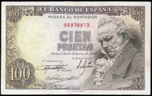 100 pesetas. 1946. Madrid. (Ed 2017-451). 19 de febrero, Francisco de Goya. Sin Serie. Dobleces y punto de aguja en el centro. MBC+. Est...40,00.