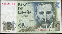 1000 pesetas. 1979. Madrid. (Ed 2017-477a). 23 de octubre, Benito Pérez Galdós. Serie V. Error de impresión en anverso. Algo sucio. EBC-. Est...60,00....