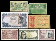 Lote de 7 billetes variados, 50 céntimos Ayuntamiento Borradá, 1 peseta Ayuntamiento Espinelves, 1 peseta 1953, 5 pesetas 1936 Bilbao, 5 pesetas 1951,...