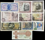 Lote de 10 billetes diferentes, 50 céntimos 1937, 1 peseta 1937, 1940 (2), 1943, 1945, 1948, 1951, 1953 y 2 pesetas 1938. A EXAMINAR . EBC+/SC. Est......