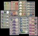 Lote de 41 billetes, 5 pesetas 1935 (5), 10 pesetas 1935 (5), 25 pesetas 1928 (5), 1931 (5), 50 pesetas 1927 con sello República Española, 1928 (5), 1...